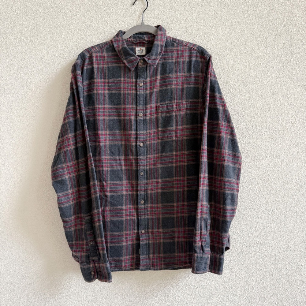 Marine Layer Flannel Shirt Mens L Grey Red Excellent Plaid Cotton Button Down